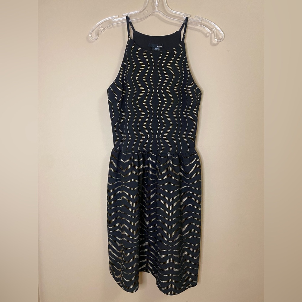 NWT Aqua Black & Gold Dress, A-Line Style, Halter, Peplum
